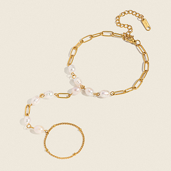 Elegant Natural Freshwater Pearl Beads Link Ring Bracelets, 304 Stainless Steel Paperclip Chain Bracelets for Women, Real 18K Gold Plated, Inner Diameter: 2.76 inch(7cm)