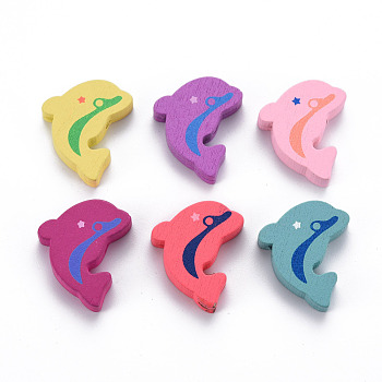 6 Styles Printed Natural Wooden Beads, Dyed, Dolphin, Mixed Color, 24x19x5mm, Hole: 2mm, about 640pcs/500g