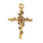 Tibetan Style Alloy Pendants, Cross with Rose Charm, Antique Golden, 34.5x23x3mm, Hole: 2.5mm(X1-FIND-WH0110-429AG)