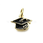 Brass Enamel Charms, with Jump Ring, Graduation Cap Charm, Long-Lasting Plated, Lead Free & Cadmium Free, Rack Plating, Real 18K Gold Plated, Black, 8.5x11.5x1.5mm, Hole: 3mm(X-KK-K400-30G)