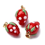 Handmade Lampwork Pendants, Strawberry, with Rack Plating Golden Tone Brass Findings, Long-Lasting Plated, Red, 17.5~19.5x12~13mm, Hole: 4.5x3.5mm(LAMP-S069-05A-G)