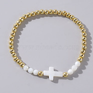 Fashionable Cross Shell & Brass Beads Stretch Bracelets for Women Girls Gift(GU8282-2)