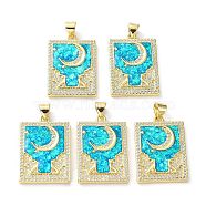 Rack Plating Brass Micro Pave Cubic Zirconia Moon Pendants, Synthetic Opal Rectangle Charms with Snap on Bail, Cadmium Free & Lead Free, Long-Lasting Plated, Real 18K Gold Plated, Cyan, 26x18x3mm, Hole: 5x3.2mm(KK-C041-11G)
