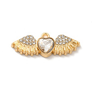 Rack Plating Alloy Rhinestone Charms, with Glass, Nickel Free, Heart with Wings, Golden, Clear, 10.5x27.5x5mm, Hole: 1.6mm(PALLOY-O106-03G-02)