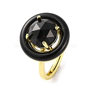 Rack Plating Round Brass Enamel Adjustable Rings, Natural Obsidian Finger Rings for Women, Golden, 18x18mm, Inner Diameter: 17mm(RJEW-U004-01A-G)