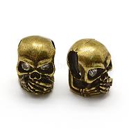 Brass Micro Pave Grade AAA Cubic Zirconia Beads, Cadmium Free & Nickel Free & Lead Free, Skull, Antique Golden Plated, 11x8x10mm, Hole: 3x6mm(ZIRC-G100-55AG-NR)