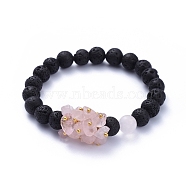 Natural Lava Rock Round Beads Stretch Bracelets, with Natural Rose Quartz Chips and Brass Beads, Golden, Inner Diameter: 2 inch(5cm)(BJEW-JB05118-01)