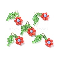 Glass Beaded Pendants, with Brass Loops, Flower of Life Charms, Red, 18~20x23~24x5~5.5mm, Hole: 2.5mm(GLAA-C028-07C)