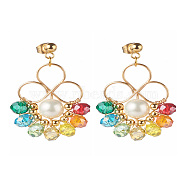 Flower Colorful Glass Beads Dangle Earrings for Girl Women, Round Shell Pearl Beads Stud Earrings, Golden, 40mm, Pin: 0.8mm(X1-EJEW-TA00010)