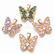 Brass Micro Cubic Zirconia Pendants, Long-Lasting Plated, with Snap on Bails, Light Gold, Butterfly, Mixed Color, 14x16x3mm, Hole: 4x2.5mm(KK-S365-002)