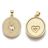 Brass Micro Pave Cubic Zirconia Pendants, with Brass Snap on Bails, Oval with Heart, Real 18K Gold Plated, Clear, 24x18.5x2mm, Hole: 3x5mm(X-KK-N227-03)