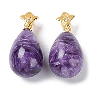 Natural Charoite Pendants, Teardrop Charms, with Golden Plated Flower 925 Sterling Rhinestone Snap on Bails, 18.5x10mm, Hole: 4x2.5mm(G-M407-05G)