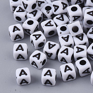 White Opaque Acrylic Beads, Horizontal Hole, Cube with Black Alphabet, Letter.A, 4~5x4~5x4~5mm, Hole: 1.8mm, about 6470~6500pcs/500g(MACR-R869-02A)