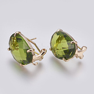Faceted Glass Stud Earring Findings, with Loop, Light Gold Plated Brass Findings, Oval, Olive Drab, 20x15.5x6~6.5mm, Hole: 1.2mm, Pin: 0.7mm(GLAA-F084-D05)