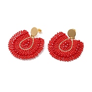Bohemian Style Fan Glass Seed Beaded Dangle Stud Earrings for Women, Real 18K Gold Plated 304 Stainless Steel Ear Studs, Red, Pendant: 56x51mm(LS3119-2)