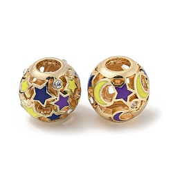 Alloy Enamel European Beads, with Rhinestone, Large Hole Beads, Round with Star & Moon, Golden, 14x12.5mm, Hole: 5mm(FIND-E044-18G)