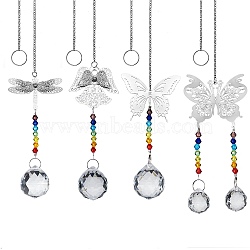 4Pcs 4 Style Glass Chandelier Suncatchers Prisms Chakra Hanging Pendant, with Iron Cable Chains and Brass Pendants, Butterfly, Dragonfly, Angel with Round, Platinum, 445mm, 1pc/style(AJEW-SZ0002-27)