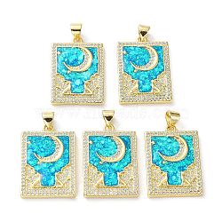 Rack Plating Brass Micro Pave Cubic Zirconia Moon Pendants, Synthetic Opal Rectangle Charms with Snap on Bail, Cadmium Free & Lead Free, Long-Lasting Plated, Real 18K Gold Plated, Cyan, 26x18x3mm, Hole: 5x3.2mm(KK-C041-11G)