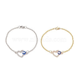 2Pcs 2 Color Crystal Rhinestone Heart with Evil Eye Link Bracelets Set, Alloy Jewelry for Women, Platinum & Golden, 7-5/8 inch(19.4cm), 1Pc/color(BJEW-JB09166)