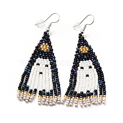 Glass Seed Braided Ghost Chandelier Earrings, Chain Tassel Alloy Halloween Earrings for Women, Colorful, 70mm, Pin: 0.6mm(EJEW-B012-05)