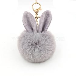 Easter Rabbit Faux Fluffy Ball Pendant Keychains, with Alloy Finding, Dark Gray, 90~100mm(PW-WG95913-02)