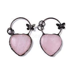 Natural Rose Quartz Heart Big Pendants, Red Copper Plated Brass Ring & Butterfly Charms, 56.5x35x7.5mm, Hole: 6mm(G-B073-03R-02)