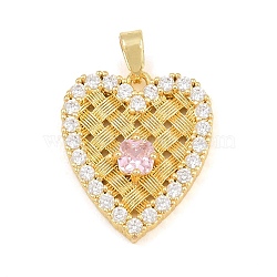 Brass Micro Pave Cubic Zirconia Pendants, Heart Charms, Golden, Pink, 20x17x4mm, Hole: 5x2mm(CU-CBA9B49-03A-G)