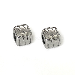 304 Stainless Steel European Beads, Large Hole Beads, Horizontal Hole, Cube with Letter, Stainless Steel Color, Letter.W, 8x8x8mm, Hole: 4.5mm(OPDL-L020-001W)