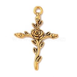 Tibetan Style Alloy Pendants, Cross with Rose Charm, Antique Golden, 34.5x23x3mm, Hole: 2.5mm(X1-FIND-WH0110-429AG)