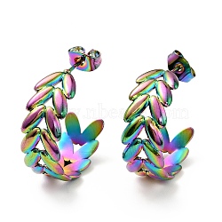 Rainbow Color Leaf Wrap Stud Earrings, Ion Plating(IP) 304 Stainless Steel Half Hoop Earrings for Women, 20.5x22x8mm, Pin: 0.8mm(EJEW-G293-03M)