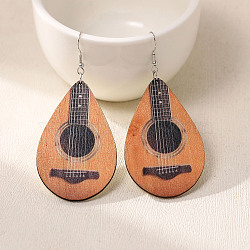 Wood Dangle Earrings for Women, Platinum, Guitar, 82x37mm(WG26A13-07)