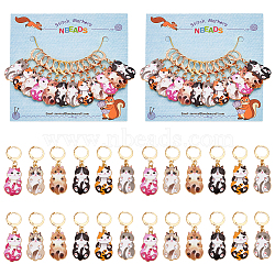 12Pcs 6 Style Alloy Enamel Cat Charms Locking Stitch Markers, with Gold Tone 304 Stainless Steel Leverback Earring Findings, Mixed Color, 4.2cm, 2pcs/style(HJEW-PH01655)
