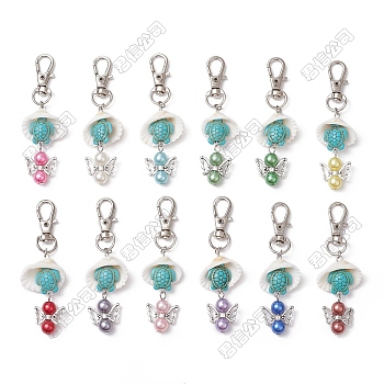 24Pcs 12 Colors Angel Acrylic & Tortoise Synthetic Turquoise & Shell Pendant Decorations, Swivel Lobster Claw Clasps Charms for Bag Ornaments, Mixed Color, 78mm, 2pcs/color