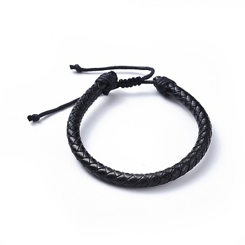 Adjustable Leather Cord Braided Bracelets, with Nylon Thread Cord, Burlap Paking Pouches Drawstring Bags, Black, 2 inch~2-7/8 inch(5.1~7.2cm), 6mm