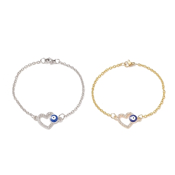 2Pcs 2 Color Crystal Rhinestone Heart with Evil Eye Link Bracelets Set, Alloy Jewelry for Women, Platinum & Golden, 7-5/8 inch(19.4cm), 1Pc/color