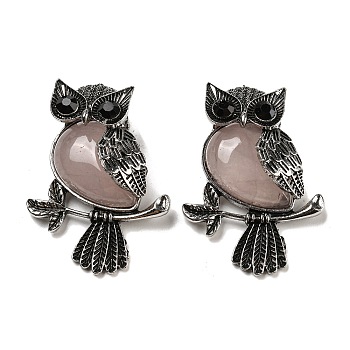Natural Rose Quartz Pendants, Antique Silver Plated Owl Charms with Blak Glass, 45x33.5x19mm, Hole: 8x9.5mm