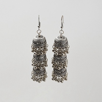 Alloy Bell Dangle Earring, Rhinestone Long Drop Earrings, Antique Silver, 87x17mm
