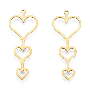 201 Stainless Steel Pendants, Three Heart Charm, Real 18K Gold Plated, 44.5x17.5x1mm, Hole: 1.5mm