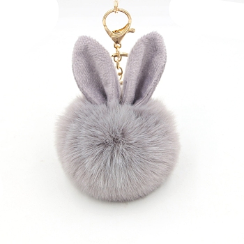 Easter Rabbit Faux Fluffy Ball Pendant Keychains, with Alloy Finding, Dark Gray, 90~100mm
