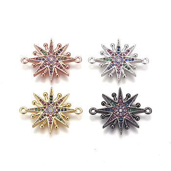 Brass Micro Pave Cubic Zirconia Links, Star, Colorful, Mixed Color, 26x21x2mm, Hole: 1.2mm