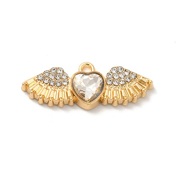 Rack Plating Alloy Rhinestone Charms, with Glass, Nickel Free, Heart with Wings, Golden, Clear, 10.5x27.5x5mm, Hole: 1.6mm