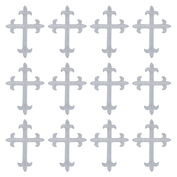 Cross Fleury Polyester Embroidery Iron on Applique Patch, Sewing Craft Decoration, Silver, 95x70x1mm