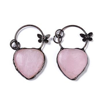 Natural Rose Quartz Heart Big Pendants, Red Copper Plated Brass Ring & Butterfly Charms, 56.5x35x7.5mm, Hole: 6mm
