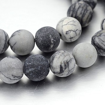 Frosted Round Natural Black Silk Stone/Netstone Bead Strands, 10mm, Hole: 1mm, about 40pcs/strand, 15 inch