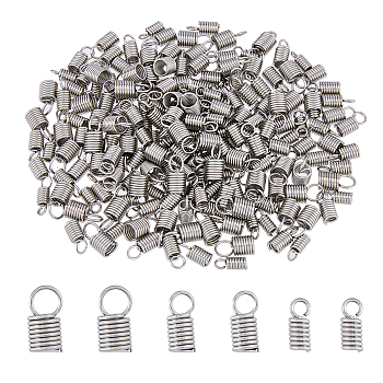 300Pcs 3 Size 304 Stainless Steel Coil Cord End, Leather Cord End Caps, Column, Stainless Steel Color, 8.5~10.5x3.5~5.5mm, Hole: 2~4mm, Inner Diameter: 2~4mm, 100Pcs/size