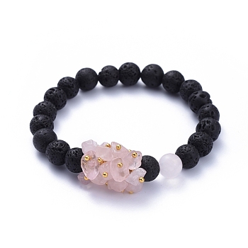 Natural Lava Rock Round Beads Stretch Bracelets, with Natural Rose Quartz Chips and Brass Beads, Golden, Inner Diameter: 2 inch(5cm)
