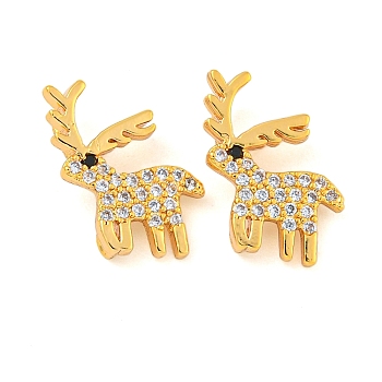 Christmas Theme Brass Clear Cubic Zirconia Pendants, Deer, Real 18K Gold Plated, 13.5x11x4mm, Hole: 3.5x1.5mm