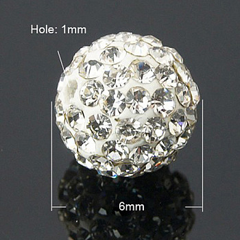 Pave Disco Ball Beads, Polymer Clay Rhinestone Beads, Grade A, Crystal, 6mm, Hole: 1mm