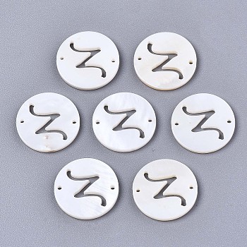 Natural Freshwater Shell Links Connectors, Flat Round with Letter, Letter.Z, 14.5x1.5mm, Hole: 0.9mm