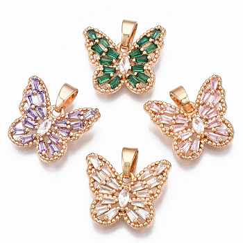 Brass Micro Cubic Zirconia Pendants, Long-Lasting Plated, with Snap on Bails, Light Gold, Butterfly, Mixed Color, 14x16x3mm, Hole: 4x2.5mm